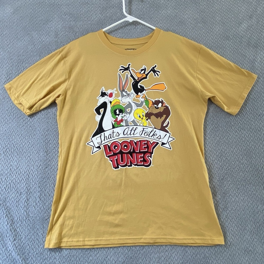 Looney Tunes T-Shirt Mens Sz M Bugs Bunny Daffy Duck Tweety Yellow Short Sleeve